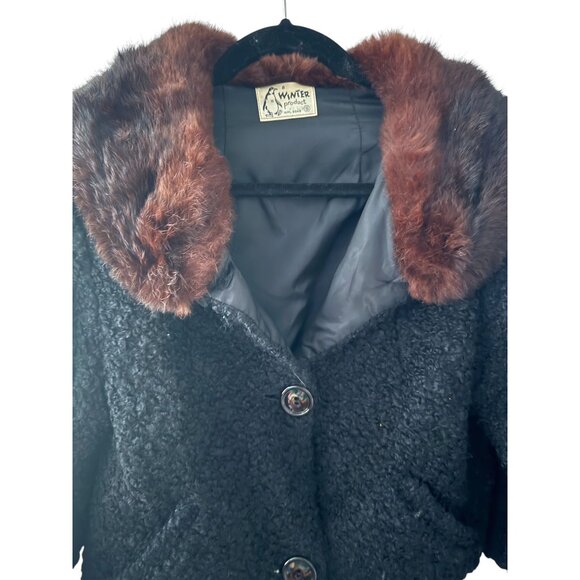 Jacket Black Curly Lamb Brown Fur Collar & Button Closure Small 1950 - Picture 11 of 14